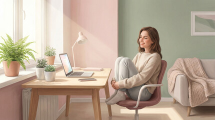 Young girl sitting at the computer, break between work, calm gentle style, art image