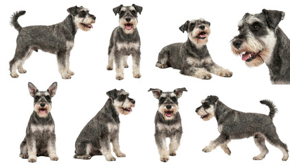 set of a miniature schnauzer dog in different poses standing sitting and running isolated on a transparent background