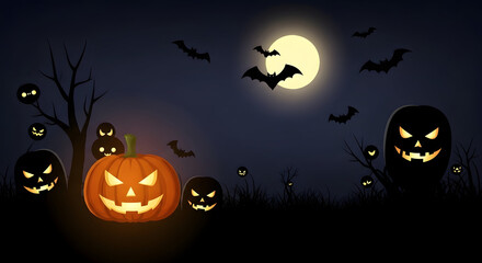 Fototapeta premium Spooky halloween night with glowing pumpkins and bats