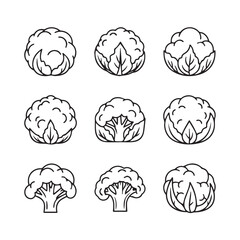 Cauliflower and Broccoli Line Art Icons: Whole and Halved Vegetables
