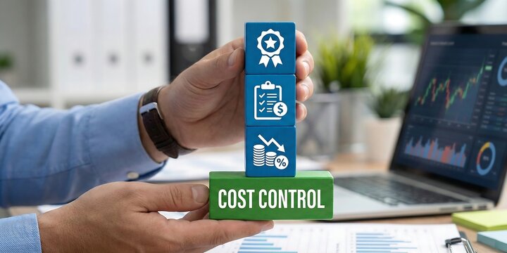 Business person holding colored blocks with icons sees text: COST CONTROL. Cost and quality control, industry strategy and project management concept. Cost reduction and effective manufacturing. new