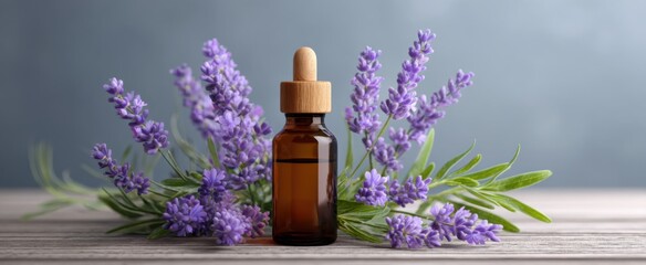 Fototapeta premium Essential lavender oil bottle with fresh lavender sprigs exuding calm and natural wellness.
