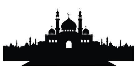 Mosque Silhouette with Domes and Minarets on White Background © SHANTI ICONSET