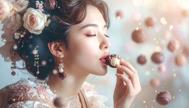 チョコレートを味わうおしゃれな女性
Beautiful woman is eating chocolates