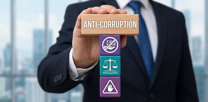 Business person holding colorful blocks with icons sees inscription: ANTI-CORRUPTION. Concept of anti corruption activities that oppose or inhibit corruption. International anti-corruption day. new