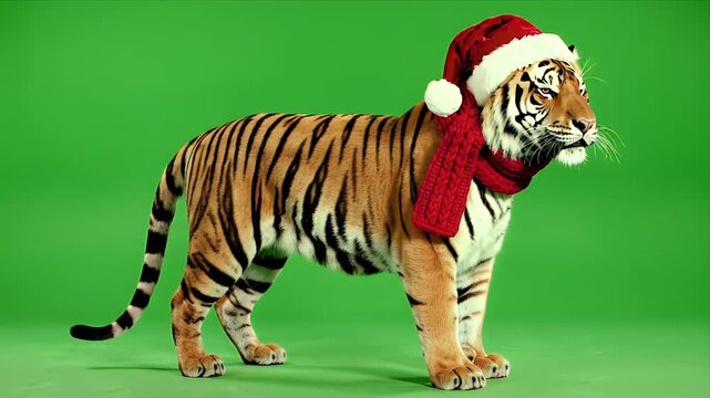Isolated Tiger in Christmas Hat and Scarf on Green Screen Background Holiday Season Wildlife Celebration Festive Animal