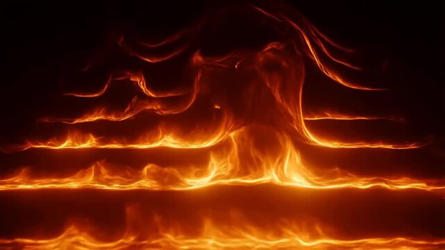 Abstract dynamic fire animation with multiple independent flame layers and parallax effect on black background, showcasing realistic flame physics and vibrant orange-yellow hues, fire footage