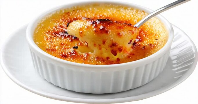 Golden caramelized cr&egrave;me br&ucirc;l&eacute;e in a ramekin, isolated on pure white background, elegant gourmet presentation, luxurious French dessert for menus, advertising, and premium culinary branding.