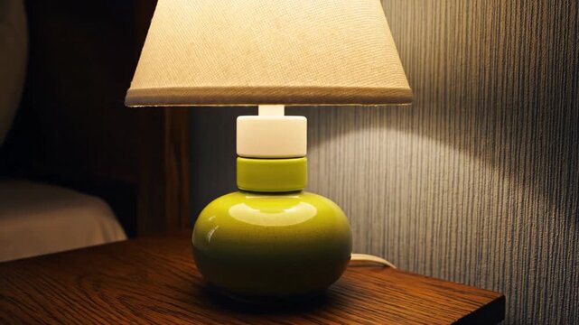 A dimly lit green lamp sits on a wooden bedside table in a cozy bedroom setting viewed from a slight angle close up.