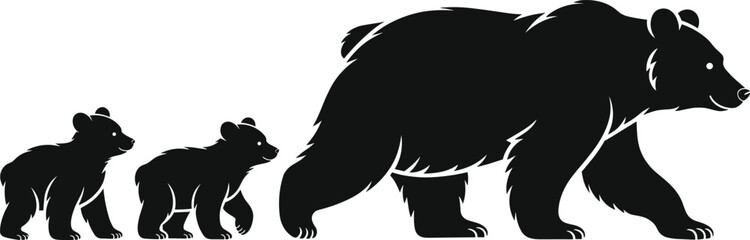 Black bear and cub silhouettes walking, wildlife animal family illustration, isolated forest mammal vector design, parenting concept nature graphic © SreeRupali