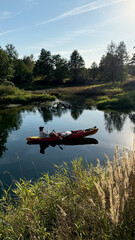 Man in panama fishing in inflatable boat, drifting slowly on river on sunny summer day. Travel, outdoor recreation, rafting, vacation, outdoor activities