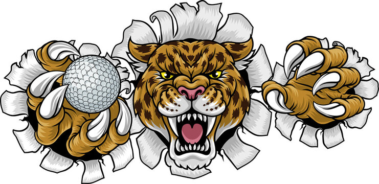 A jaguar, panther, leopard or cheetah wildcat spotted cat golf sports team mascot holding a ball