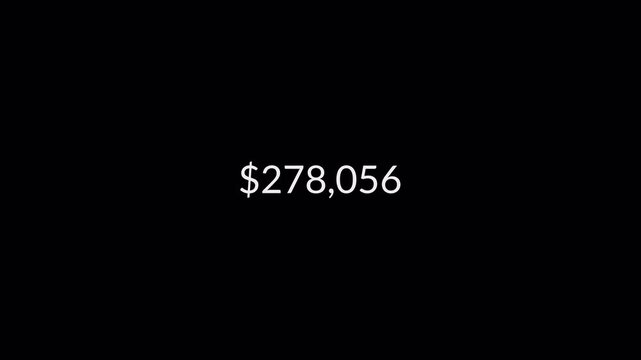 Dollar counting animation from zero to five hundred thousand on a black background, 0 to 500,000 dollar money counter animation with alpha channel in 4k.