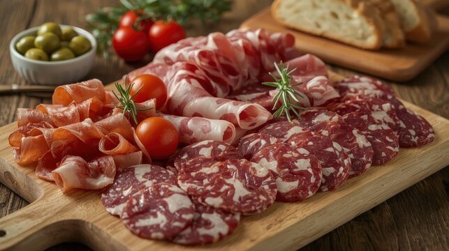 Tagliere di affettati italiani con salame, coppa, pomodorini e olive su legno rustico. Generative AI 