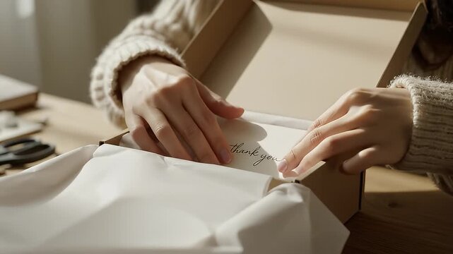 Close up hands unwrap a gift box in video.