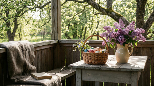 Cozy Easter still life on a rustic wooden porch with a basket of pastel Easter eggs and blooming lilac flowers. Peaceful spring countryside atmosphere with natural light, garden and farmhouse style. 