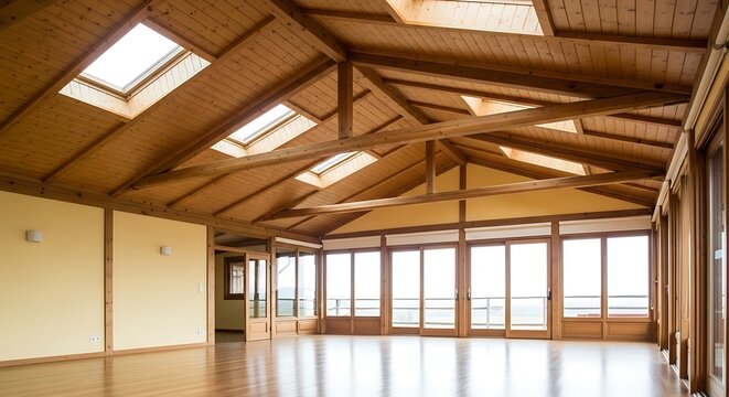 Spacious interior room features exposed wooden beams and multiple skylights illuminating the polished floor