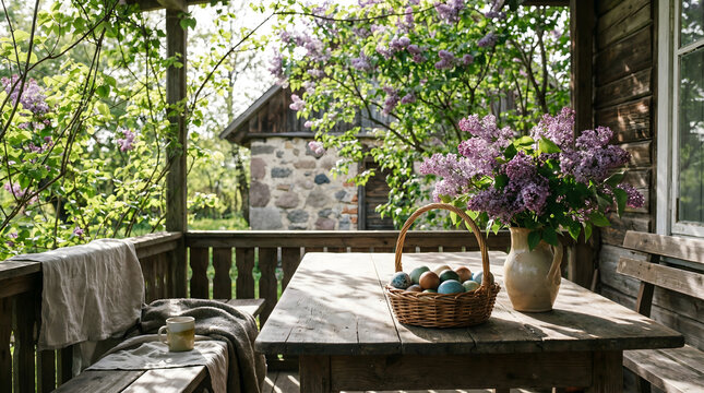 Cozy Easter still life on a rustic wooden porch with a basket of pastel Easter eggs and blooming lilac flowers. Peaceful spring countryside atmosphere with natural light, garden and farmhouse style. 