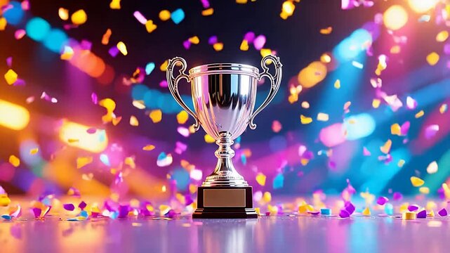 SilverTrophywithColorfulConfettiBackground