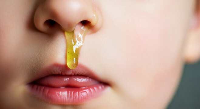 Children's colds and coughs Child nose with dripping yellow mucus close up image