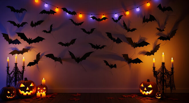 Spooky halloween decorations with bats and jack o lanterns