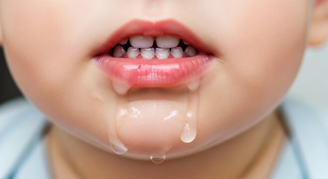 Children's colds and coughs Close up of a baby's mouth with saliva dripping down