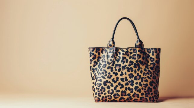 A stylish leopard print tote bag with black handles on a beige background. The bag features a bold animal pattern, perfect for fashion enthusiasts.