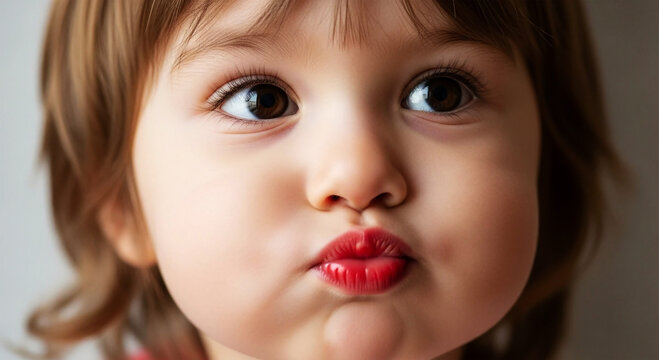 Close up of toddler making kissy face with red lips and brown eyes child baby