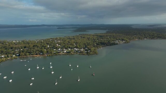 Macleay Island At Sunrise Full Tide Moreton Bay Brisbane Australia Drone Track Left 4K 60FPS