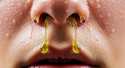 Obraz premium Children's colds and coughs Close up of nose with yellow mucus dripping and sweat droplets