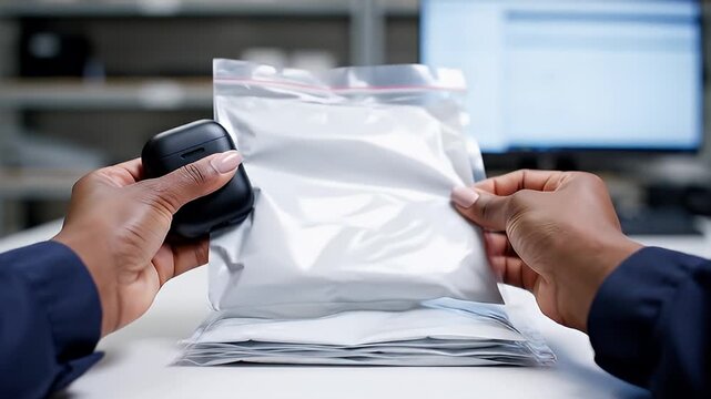 Close Up Hands Package Small Item Into Bag In Lab Video.