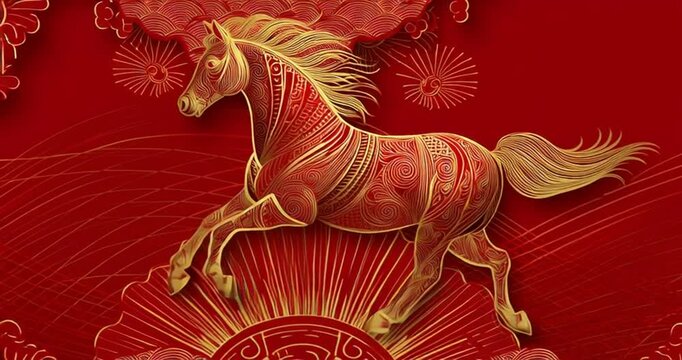 Golden zodiac horse on red panoramic background, year of the horse celebration, lunar chinese new year traditional web banner