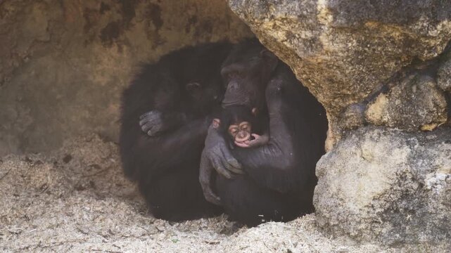 A Chimpanzee Family hiding under a rock