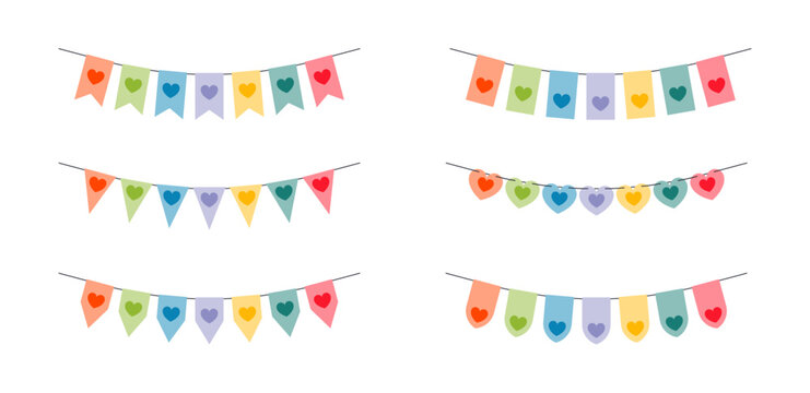A set of colorful banners with hearts on them