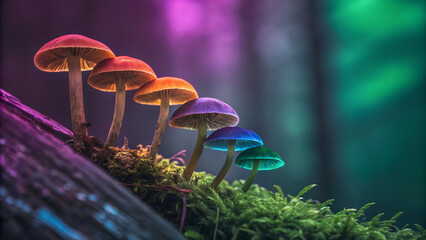 Fototapeta premium Banner set of wild mushroom caps with digital color processing, magenta-black, orange-blue, green-violet, abstract texture. Aesthetic photo