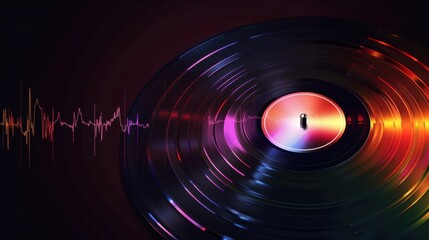 Obraz premium A close-up of a vinyl record spinning on a turntable. Colorful sound waves emanate from the record, creating a vibrant visual effect.