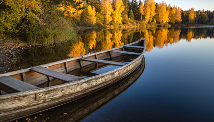 Obraz premium Abandoned Wooden Canoe. Fall Foliage in Rural Countryside. A close-up, melancholic shot of an old, faded wooden canoe left partially submerged near the bank of a still, dark lake. 