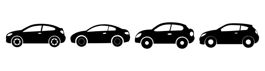 Obraz premium Set of four modern black car vector icons isolated on white background for transportation and travel design
