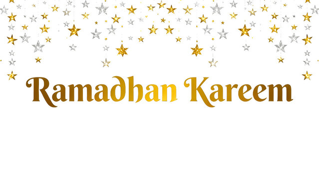Ramadan Kareem greeting background with hanging glitter stars on white background, banner and phamplet.