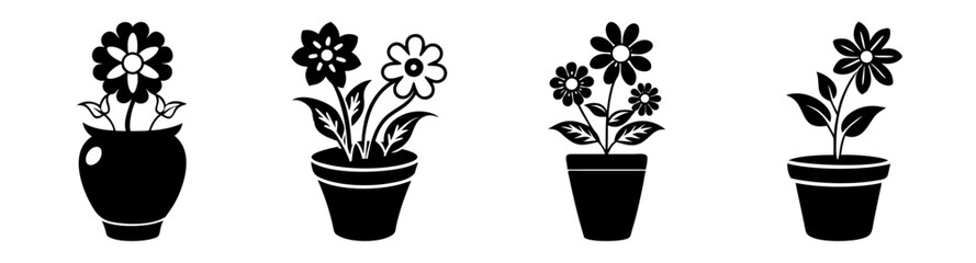 Naklejka premium Four black flower pots with blooming purple flowers vector icon set isolated on white background minimalist design