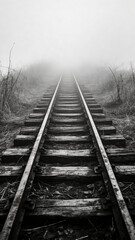 Fototapeta premium Vertical black and white railroad track disappearing into thick fog. Mysterious railway journey concept. International Day of Fascist Concentration Camps Prisoners Liberation background