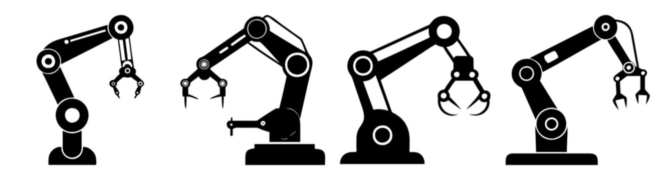Industrial robotic arms vector icons set isolated on white background for automation and manufacturing technology