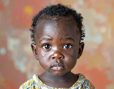 Beb&eacute; Africano con mirada triste concepto de pobreza infantil e inocencia, para campa&ntilde;a de solidaridad, ayuda humanitaria, cooperaci&oacute;n internacional y concienciaci&oacute;n social contra el hambre en el mundo