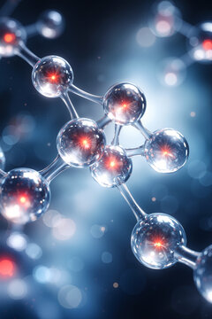 Close-up view of a molecular structure with shiny glass-like spheres connected by rods, glowing red at centers, against a blurred blue background.
