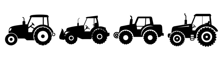 Obraz premium Set of four modern farming tractors vector icons isolated on white background for agriculture and rural business
