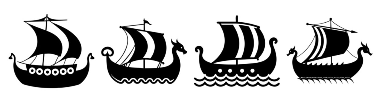 Viking ship vector icon set sailing ancient longboat black white line art illustration isolated maritime history