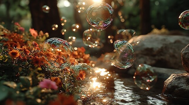 Floating soap bubbles reflecting forest trees and sunlight images