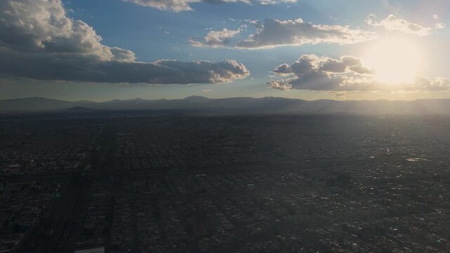 Sunset over Ecatepec north of the Valley of Mexico, drone footage