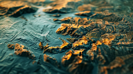 High-detail 3D geographic visualization of a coastal region with illuminated terrain, islands, and surrounding ocean