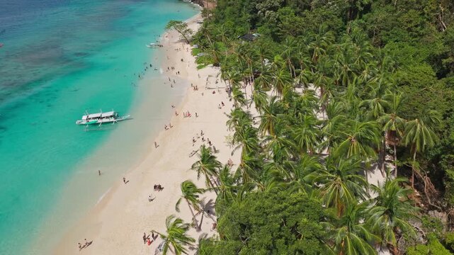 Relaxed tropical shoreline with turquoise water palms and people, Philippines
